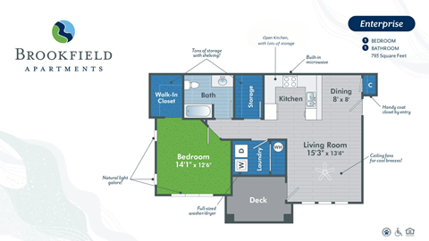 Floor plan for 1 bed, 1 bath, 793 sqft